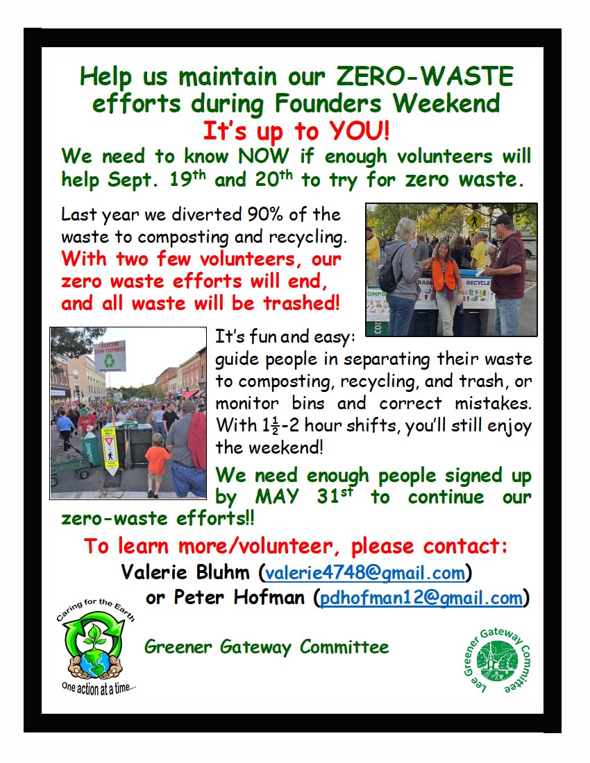 Help us reach zero waste during Founders Weekend - signn up by Mary 31st