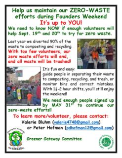 Minimizing waste during Founders Weekend is up to you: we still need volunteers!