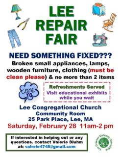 Fix it. Don't pitch it. Come to Lee's Repair Fair February 28th at the UCC Community Room
