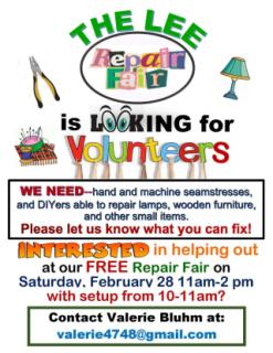 Help your neighbors and reduce waste - volunteer for Lee's fist ever Repair Fair - February 28th