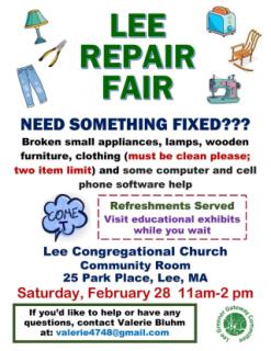 Fix it. Don't pitch it. Come to Lee's Repair Fair February 28th at the UCC Community Room