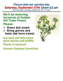 Please join our service day at Golden Hill Town Forest  - help us remove invasives on September 28th - 10am-noon